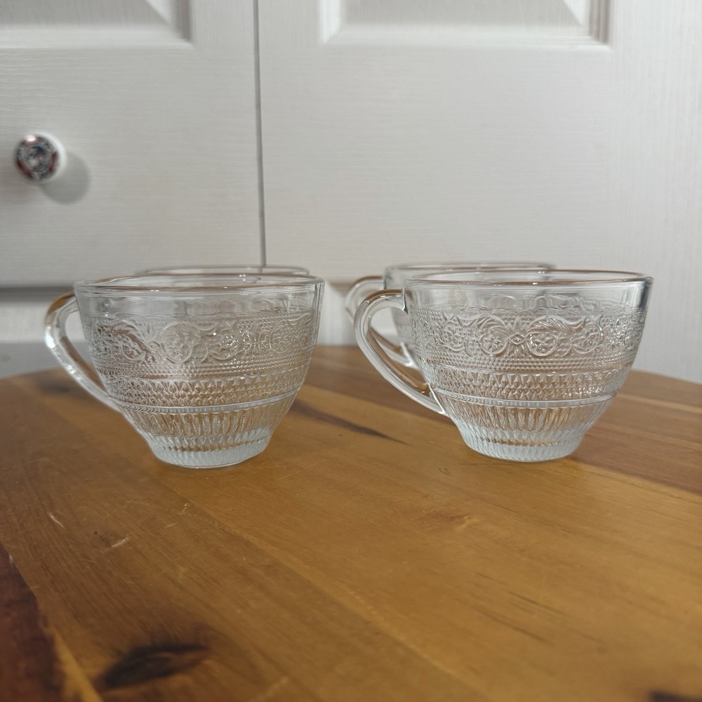 Vintage Lot Of 4 Glass Punch Bowl Mugs Lace Embossed Replacements Cottage Granny